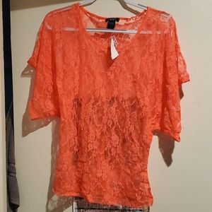 Neon Orange Lace blouse Size XL